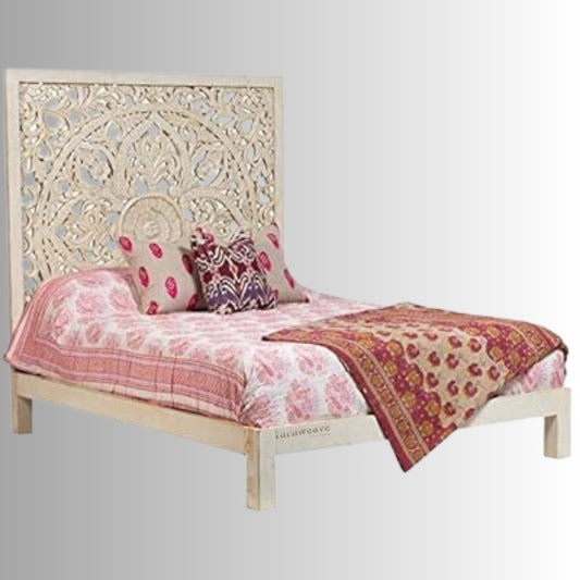 Praja Wooden Carved Designer Bed (Antique White) | Wooden Bedside Tables | Furnweave