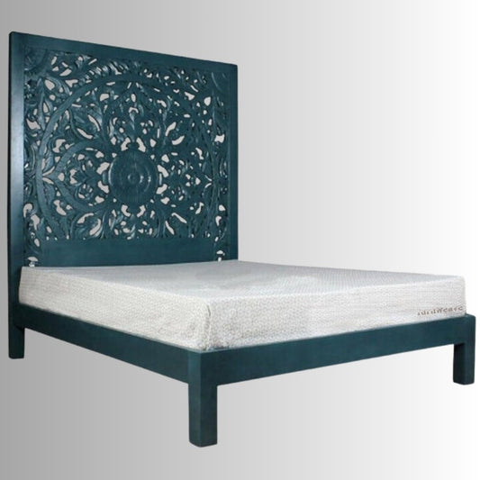 Praja Wooden Carved Designer Bed (Blue) | Wooden Bedside Tables | Furnweave