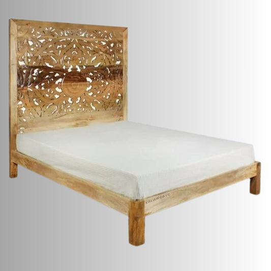 Praja Wooden Carved Designer Bed (Natural) | Wooden Bedside Tables | Furnweave