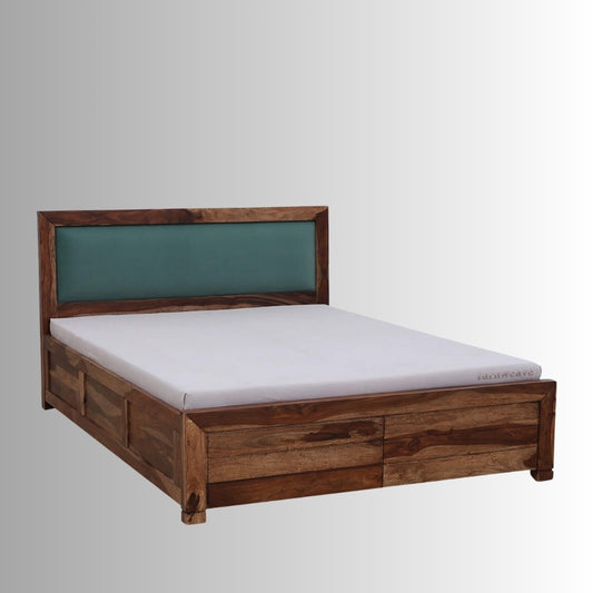 Cetia Solid Wood Bed (Green Upholstery) | Wooden Bedside Tables | Furnweave