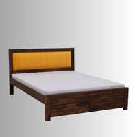 Cetia Solid Wood Bed (Orange Upholstery) | Wooden Bedside Tables | Furnweave