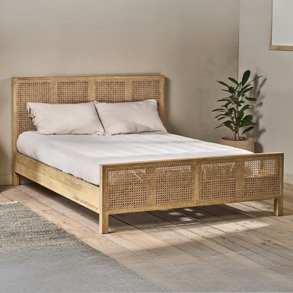 Safor Wooden Rattan Bed (Natural) | Wooden Bedside Tables | Furnweave