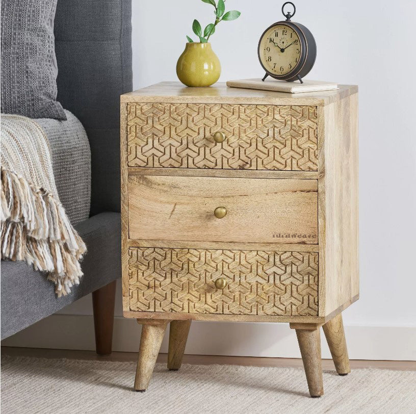 Hesi Wooden Carved Bedside Side Table | wooden bedside table for storage | Furnweave