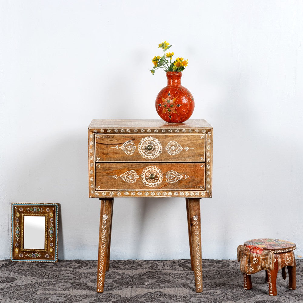 Apvan Wooden Handpainted Side Table (Natural)