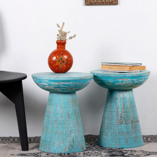 Ruben Wooden Rustic Side Table Set of Two (Light Blue Distress) | Buy Rustic Wooden Furniture Online | Buy Side Table Online | Furnweave