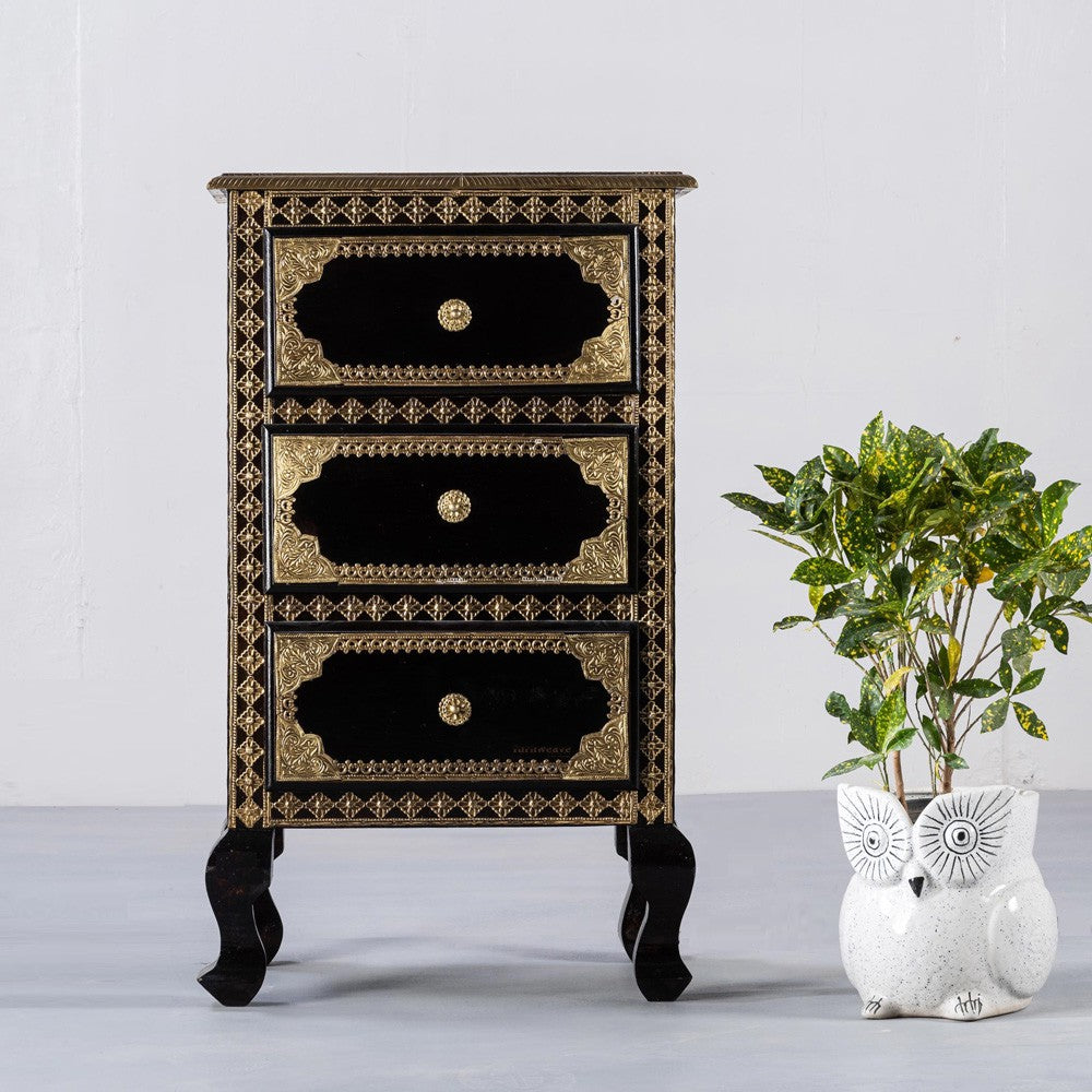 Salsa Wooden Brass Fitted Antique Side Table (Dark Black) | Wooden Bedside Tables | Furnweave