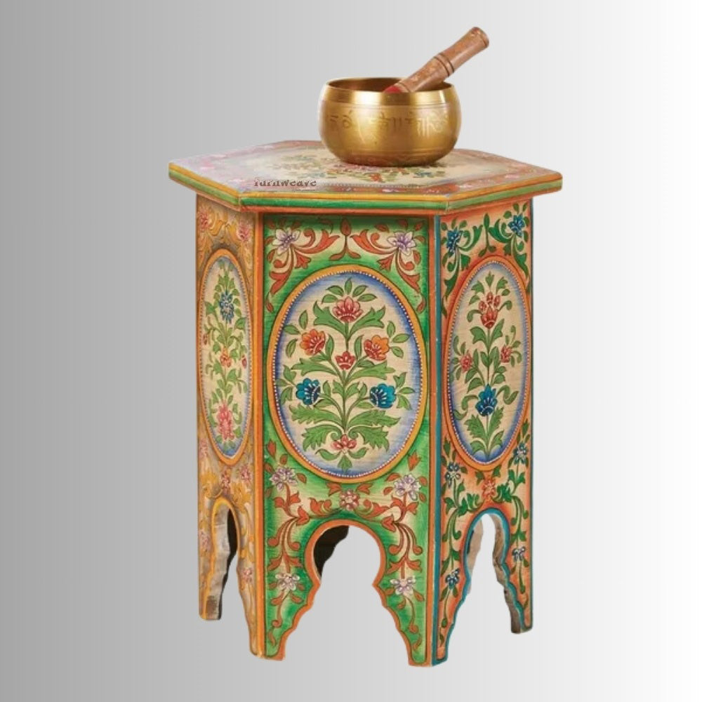 Sama Wooden Handpainted Side Table | Wooden Handpainted Furniture In India | Side Table for Living Room | Solid Wood Furniture | Furnweave