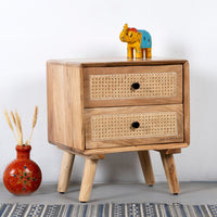 Jhumer Wooden Rattan Side Table (Natural) | Rattan Bedside Table | Wooden Bedside Table | Furnweave