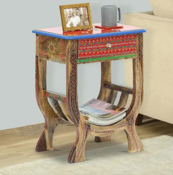 Avtar Wooden Handpainted Bedside Side Table | sofa side tables for living room | wooden bedside table online | Furnweave