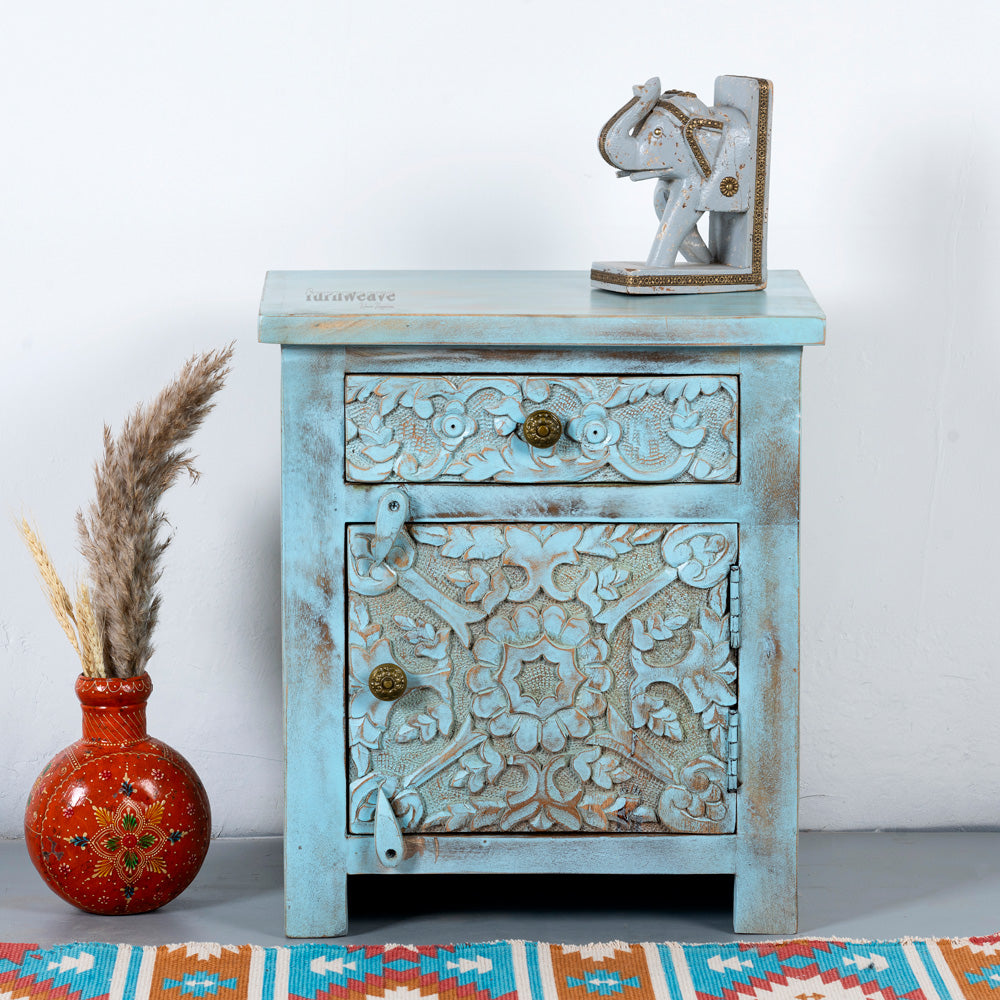 Jarit Wooden Carved Bedside (Blue Distress)