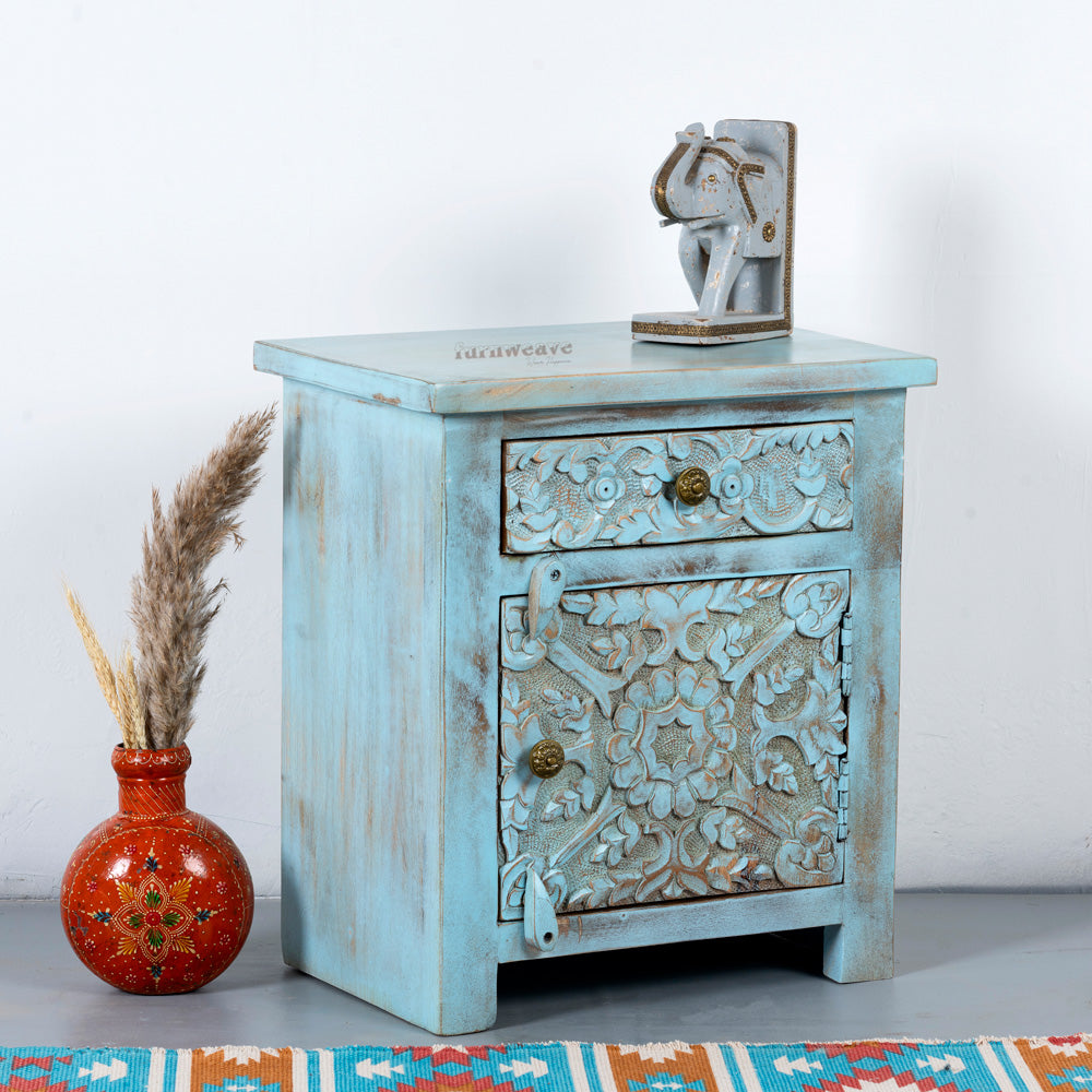 Jarit Wooden Carved Bedside (Blue Distress)