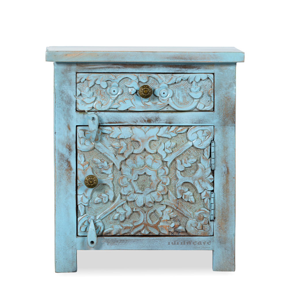 Jarit Wooden Carved Bedside (Blue Distress)