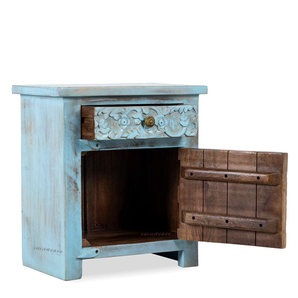 Jarit Wooden Carved Bedside (Blue Distress)