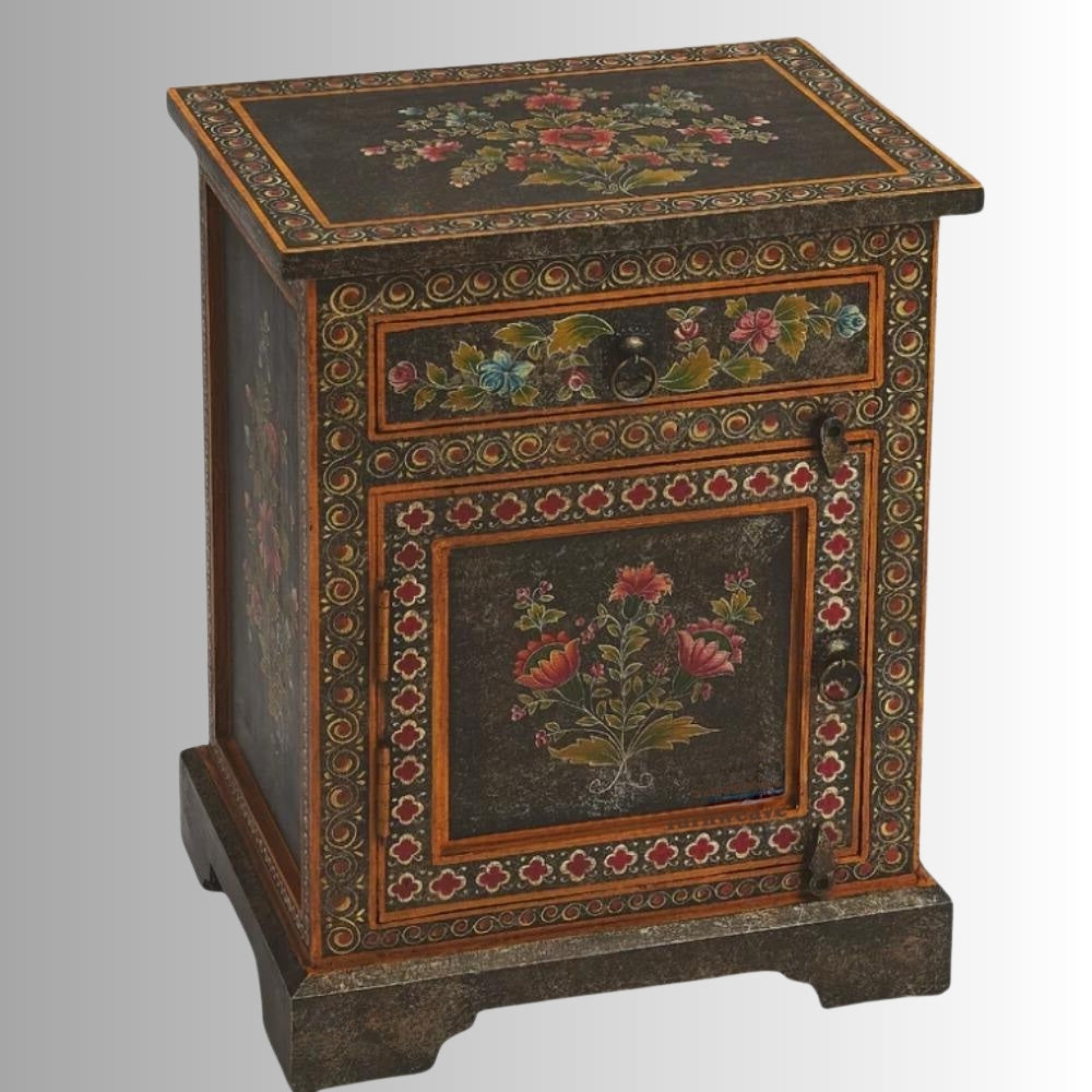 Uika Wooden Handpainted Antique Bedside | Buy Wooden Bedside Table | Buy Wooden Handpainted Furniture Online | Buy Bedside Tables Online | Buy Bedroom Furniture Online | Solid Wood Furniture | Furnweave