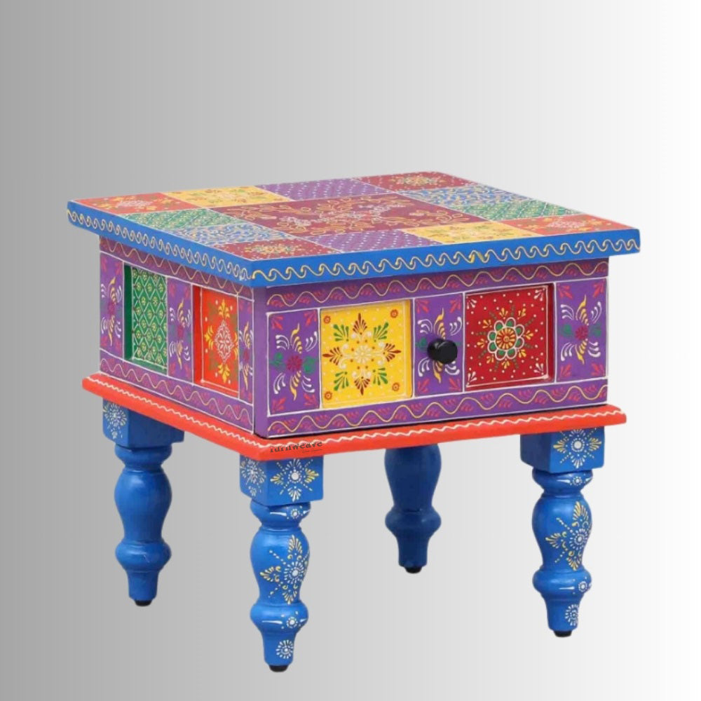 Everta Wooden Handpainted Side Table | Wooden Handpainted Furniture | Side Tables for Living Room | Solid Wood Furniture Online for Homes | Furnweave