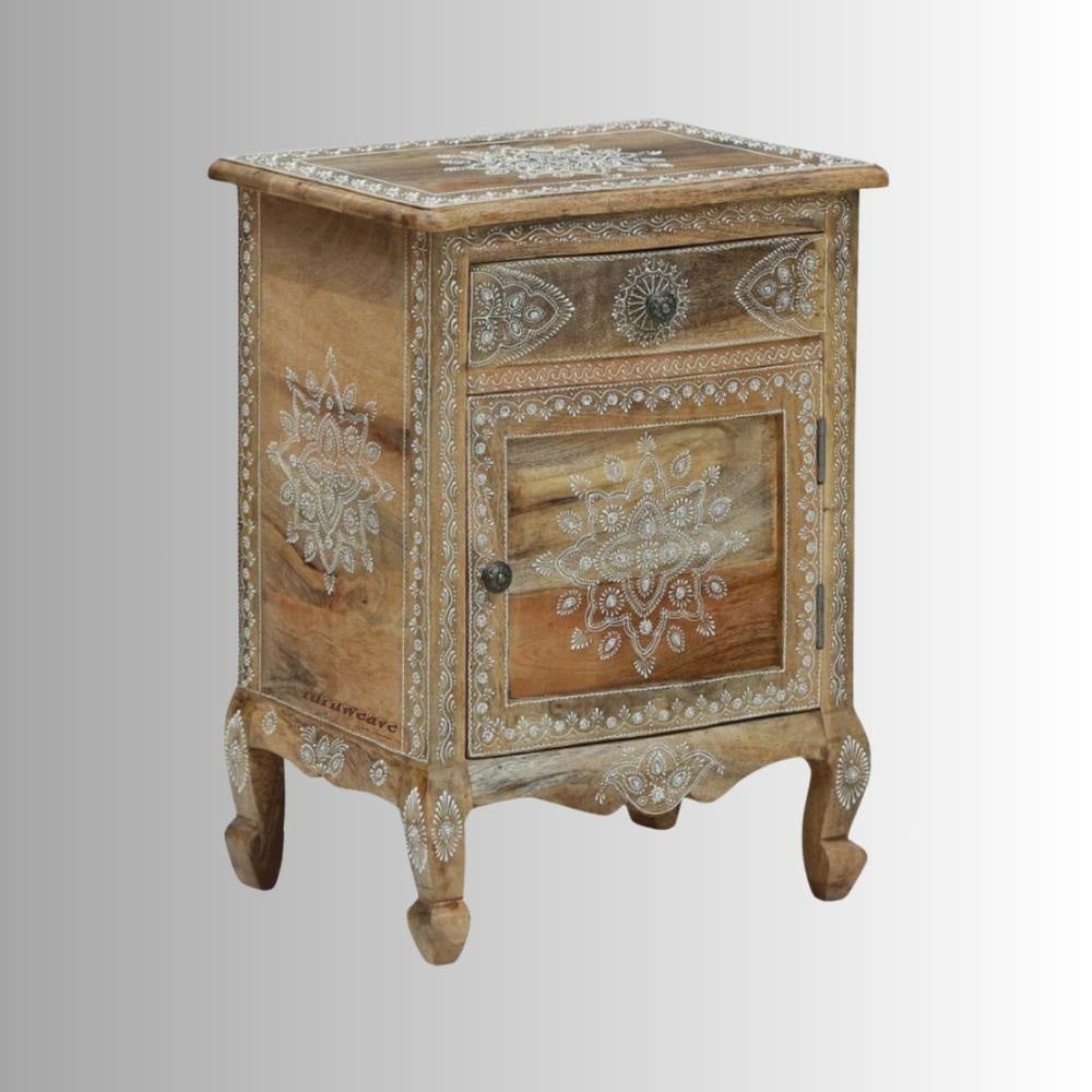 Jagva Wooden Handpainted Side Table | buy wooden bedside table with drawers online | Furnweave