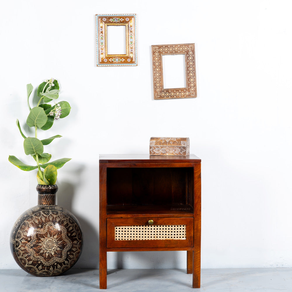 Safor Wooden Rattan Bedside (Teak Finish)