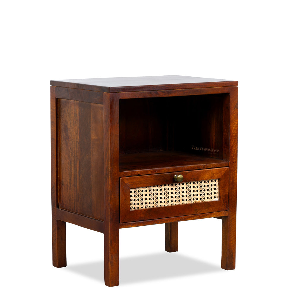 Safor Wooden Rattan Bedside (Teak Finish)