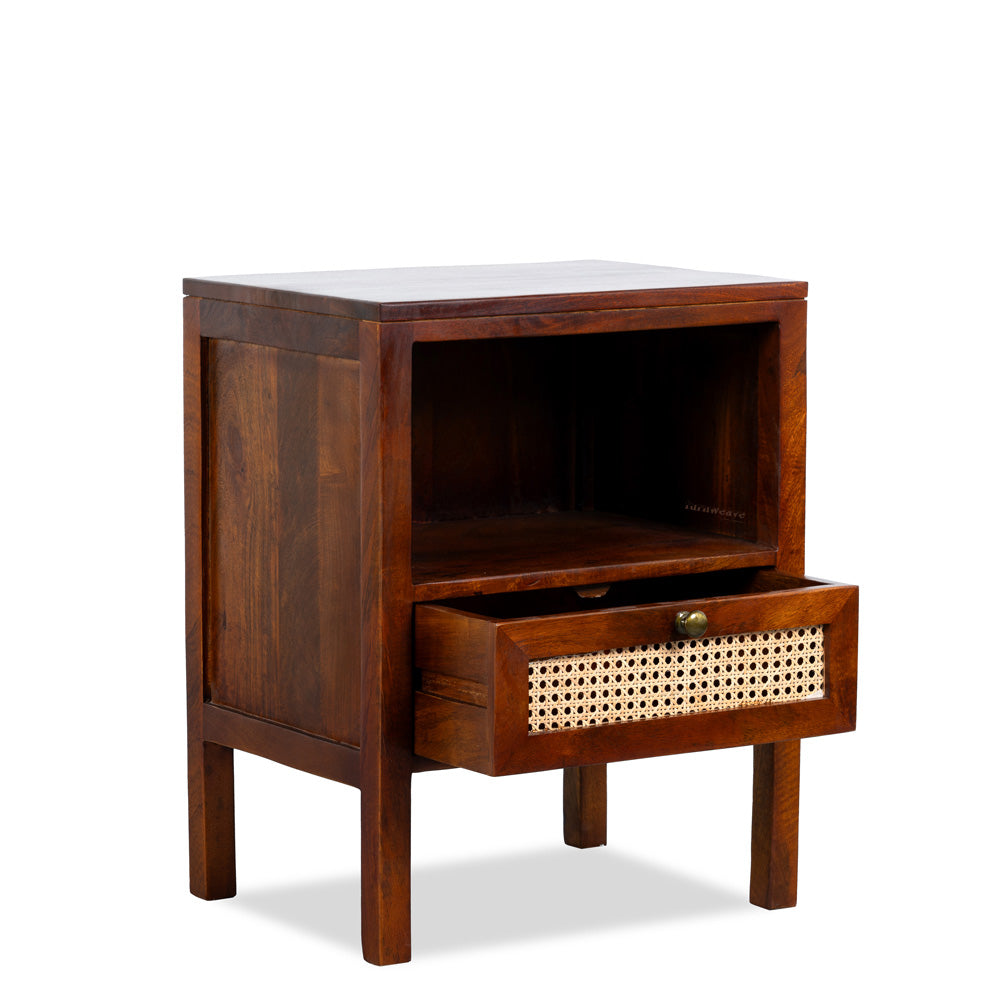 Safor Wooden Rattan Bedside (Teak Finish)