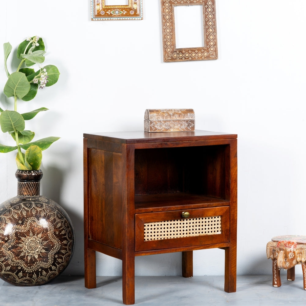 Safor Wooden Rattan Bedside (Teak Finish)