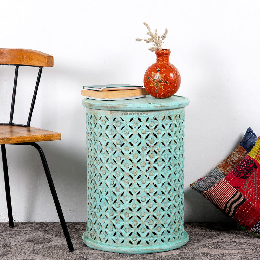 Silva Wooden Carved Side table (Turquoise Distress)