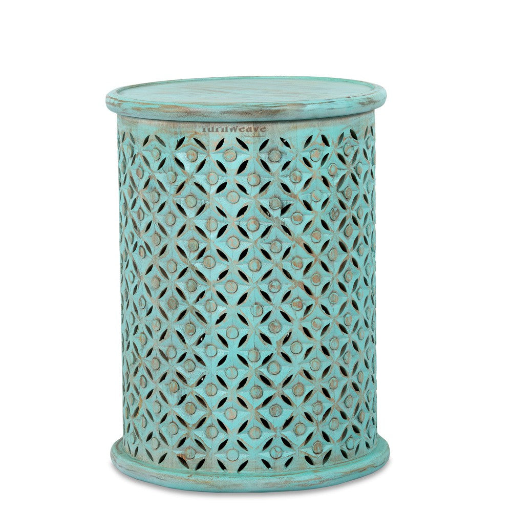 Silva Wooden Carved Side table (Turquoise Distress)