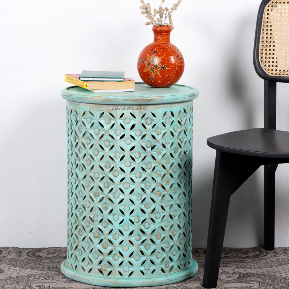 Silva Wooden Carved Side table (Turquoise Distress)