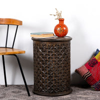 Silva Wooden Carved Side Table (Black Distress)