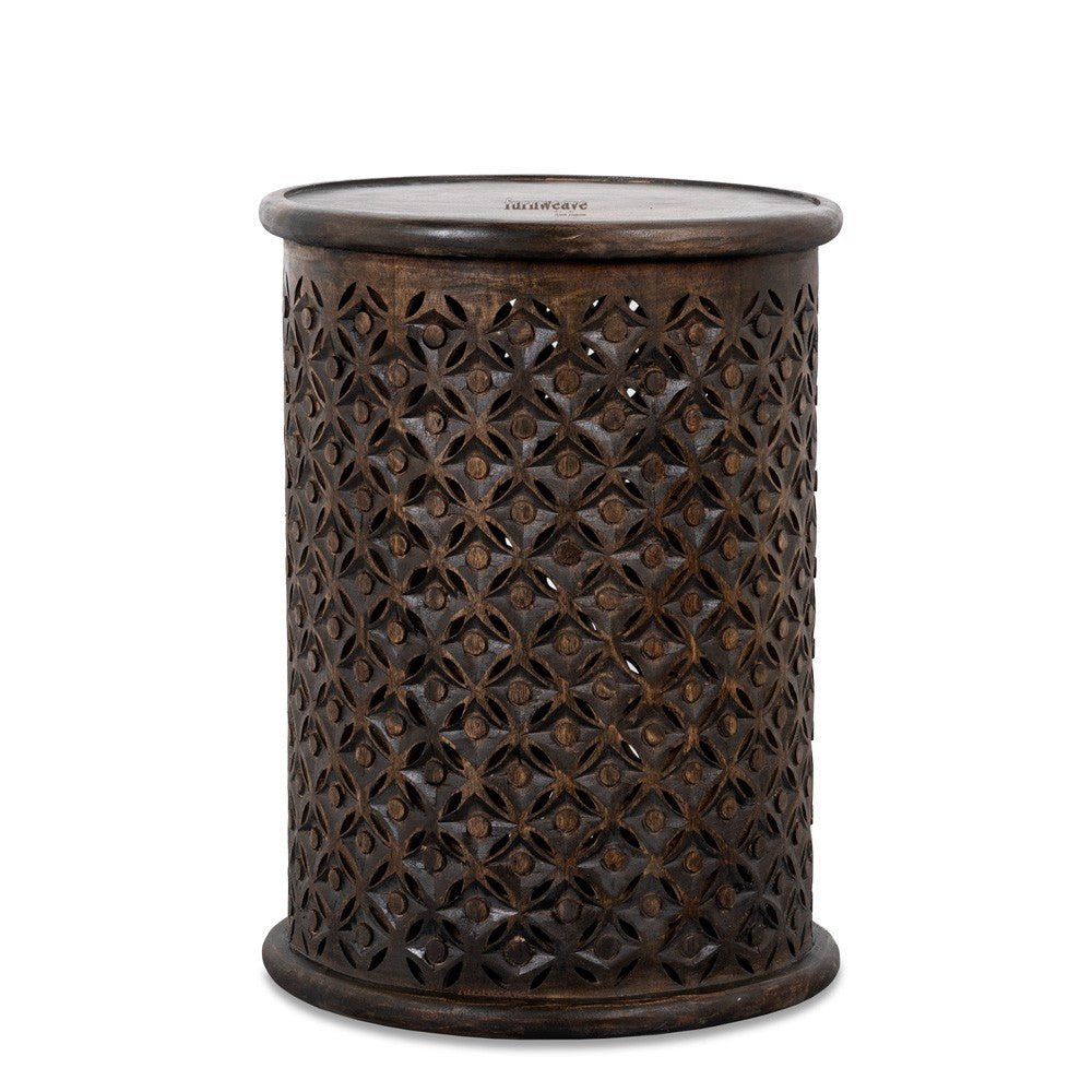 Silva Wooden Carved Side Table (Black Distress)