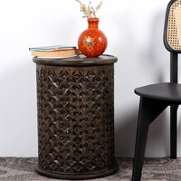 Silva Wooden Carved Side Table (Black Distress)