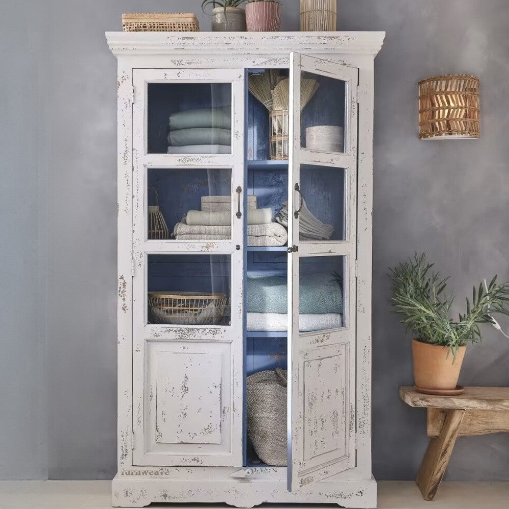 Wonse Wooden Antique Distress Cupboard (White Distress)