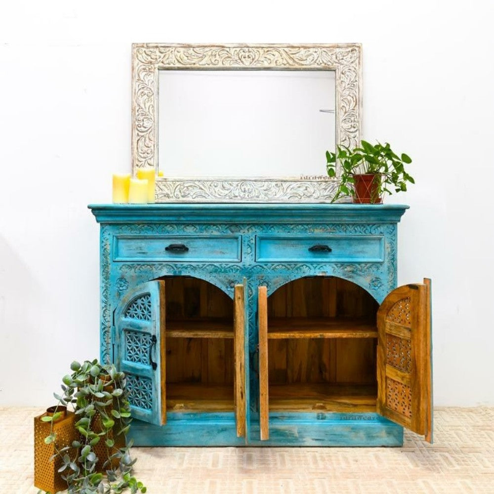 Sarba Wooden Carved Storage Cabinet with Mirror (Blue Distress)