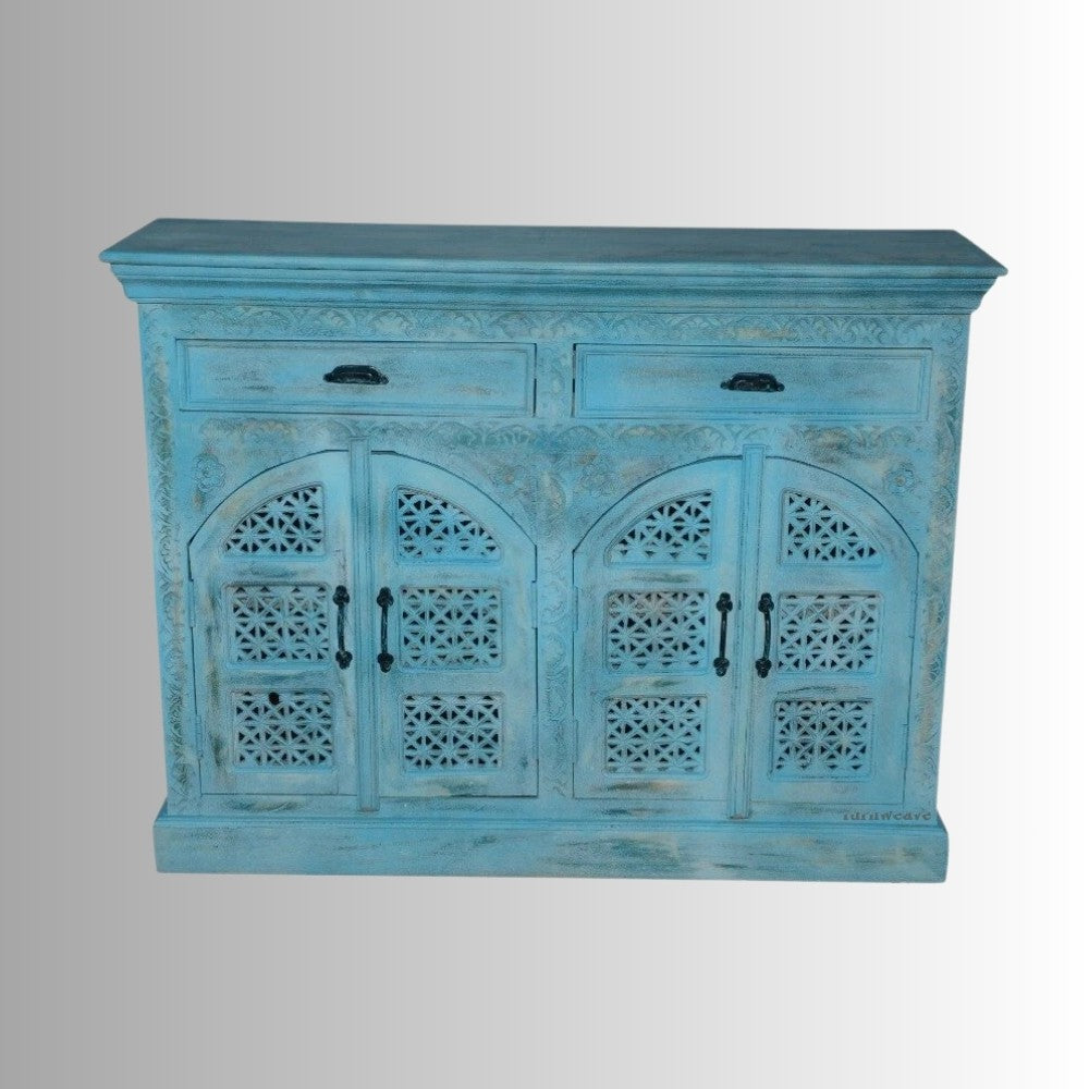 Sarba Wooden Carved Storage Cabinet with Mirror (Blue Distress)