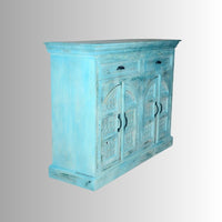 Sarba Wooden Carved Storage Cabinet with Mirror (Blue Distress)