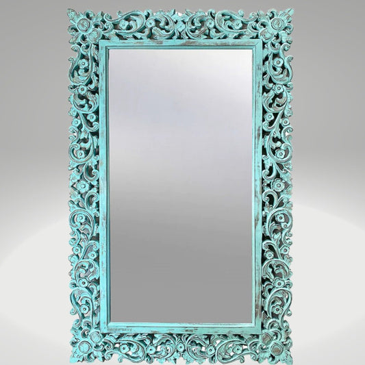 Oria Wooden Carved Antique Mirror Frame (Teal Distress)