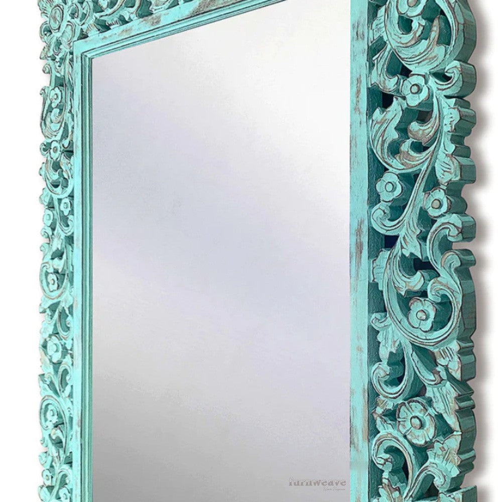 Oria Wooden Carved Antique Mirror Frame (Teal Distress)