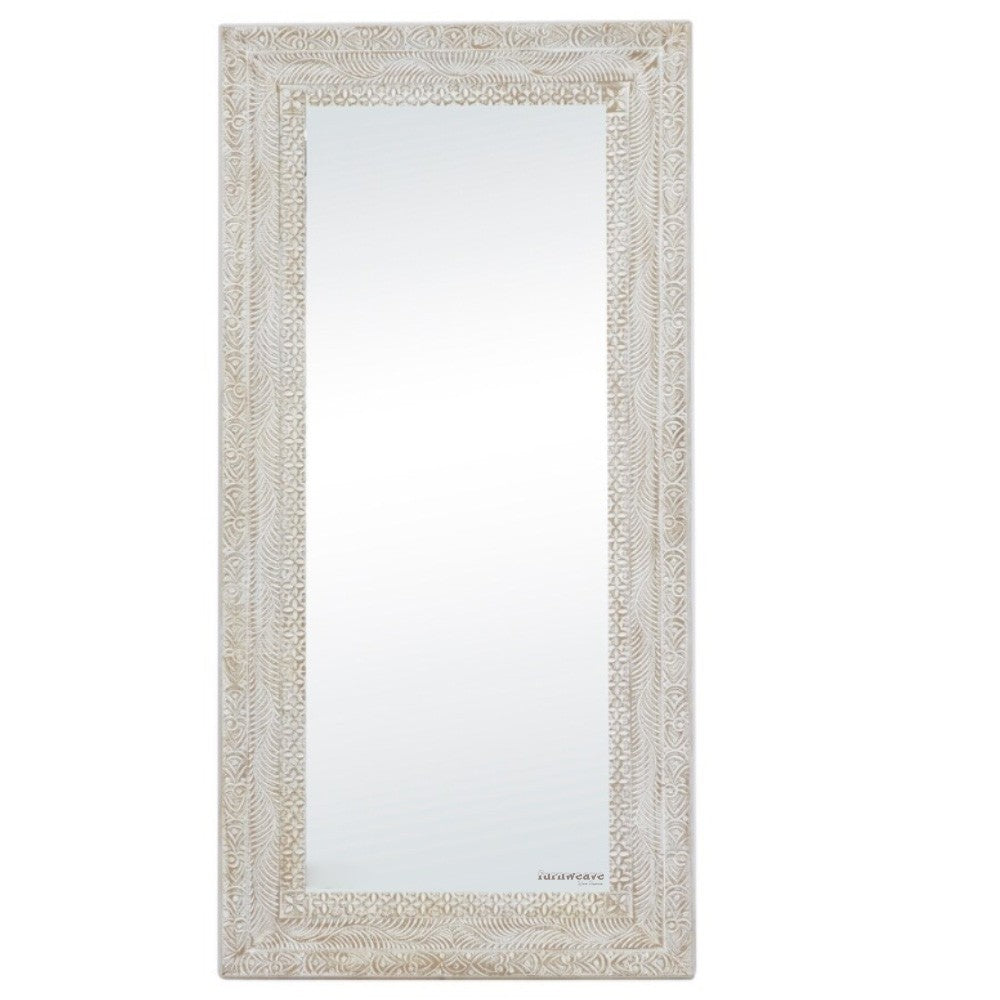 Hukma Wooden Carved Designer Mirror Frame (White Antique)