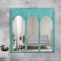 Haver Wooden Carved Mirror Frame Jharokha (Turquoise  Distress)