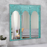 Haver Wooden Carved Mirror Frame Jharokha (Turquoise  Distress)