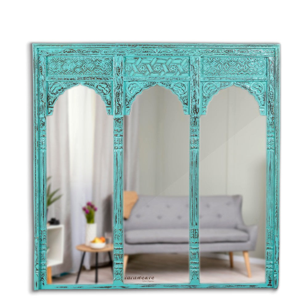 Haver Wooden Carved Mirror Frame Jharokha (Turquoise  Distress)