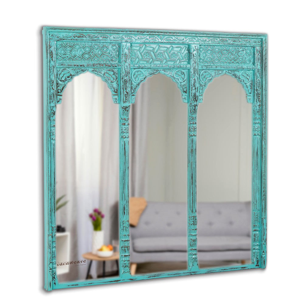 Haver Wooden Carved Mirror Frame Jharokha (Turquoise  Distress)