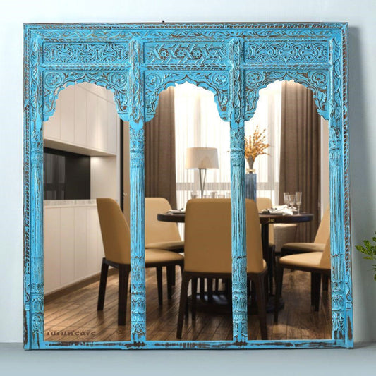 Haver Wooden Carved Mirror Frame Jharokha (Blue Distress)