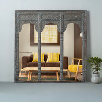 Haver Wooden Carved Mirror Frame Jharokha (Grey Distress)