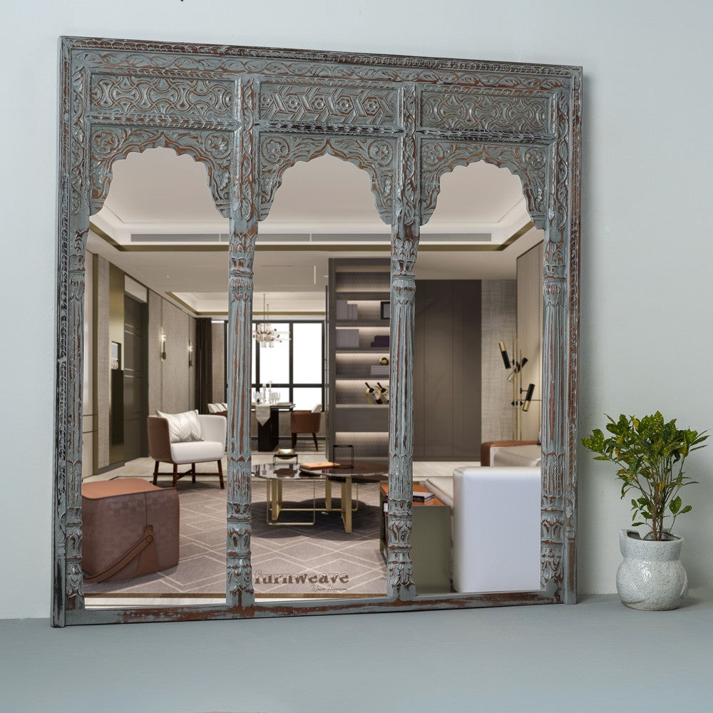 Haver Wooden Carved Mirror Frame Jharokha (Grey Distress)