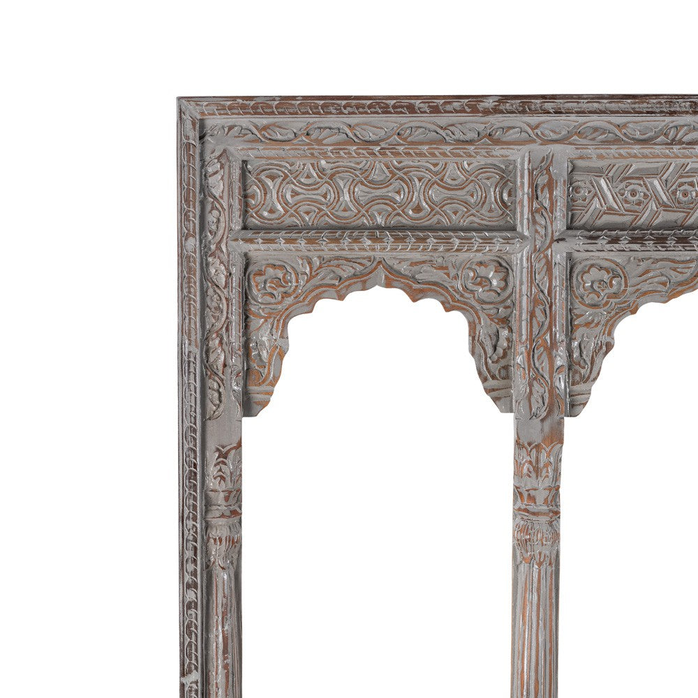 Haver Wooden Carved Mirror Frame Jharokha (Grey Distress)