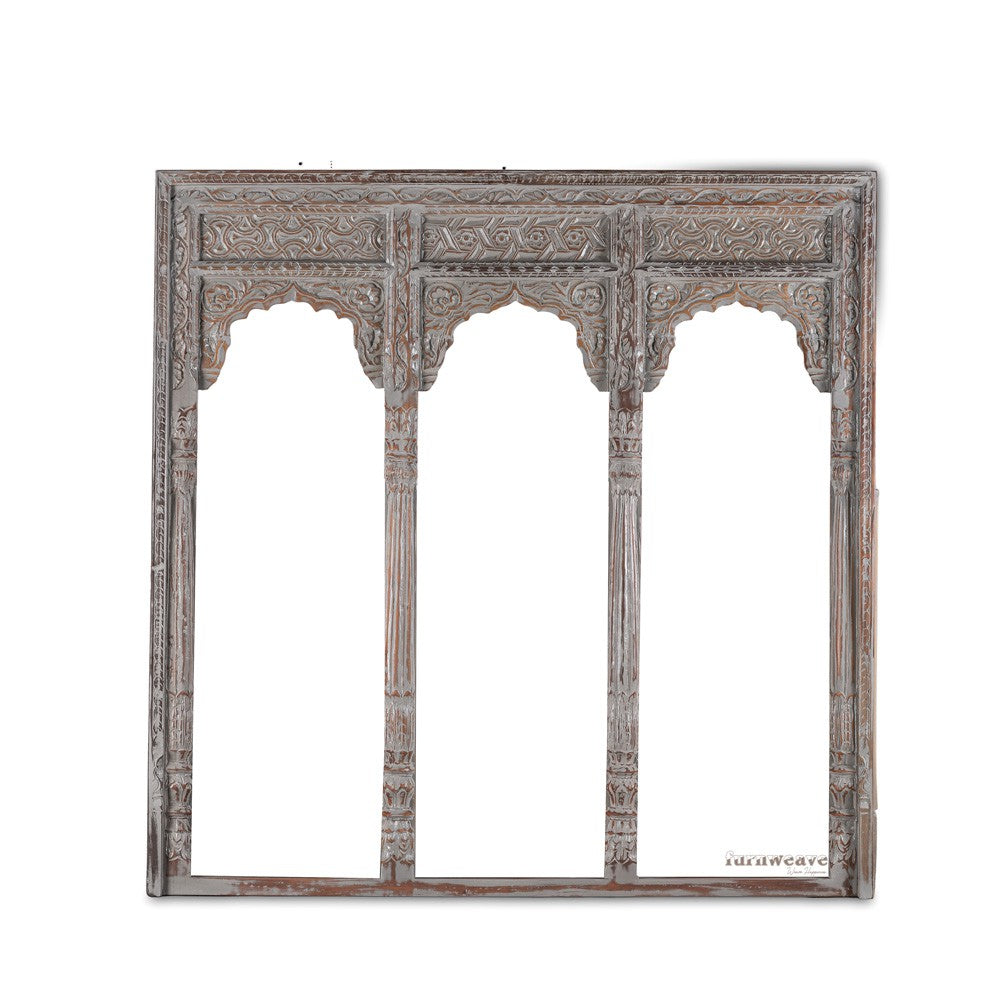 Haver Wooden Carved Mirror Frame Jharokha (Grey Distress)