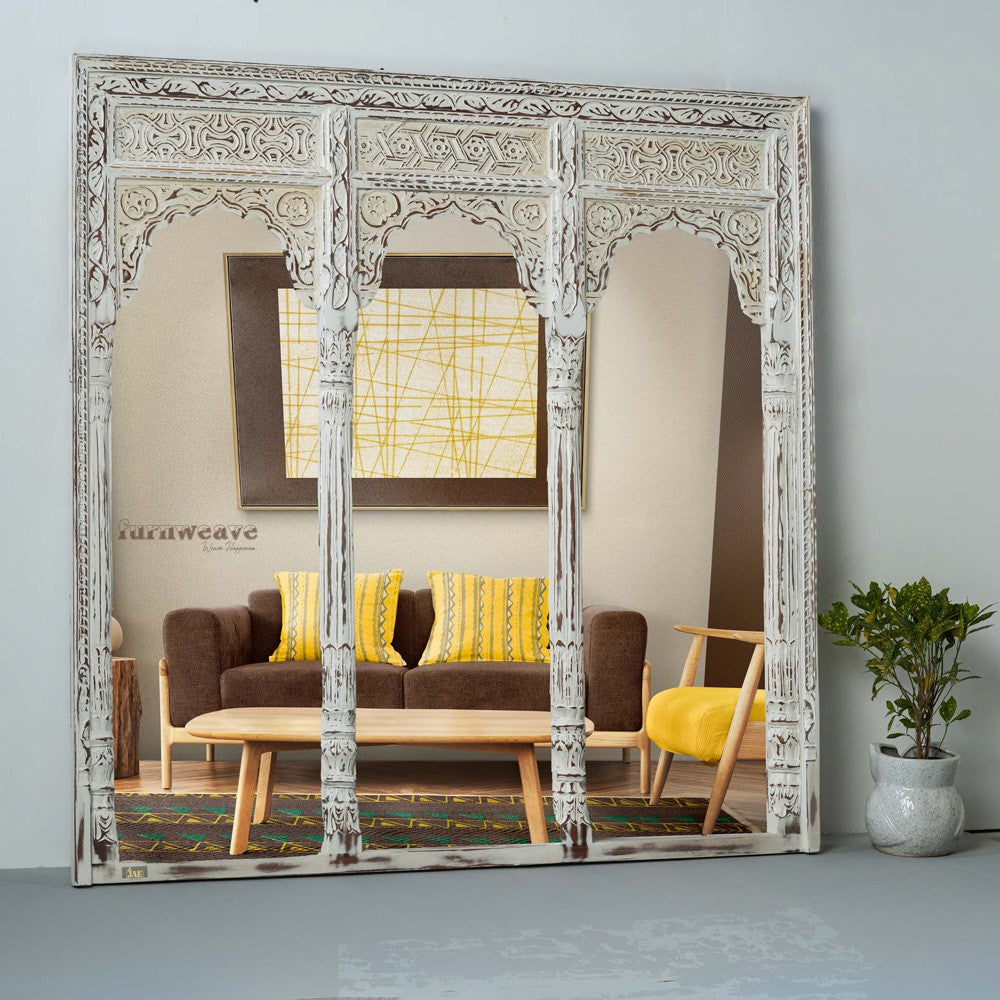 Haver Wooden Carved Mirror Frame Jharokha (White Distress)