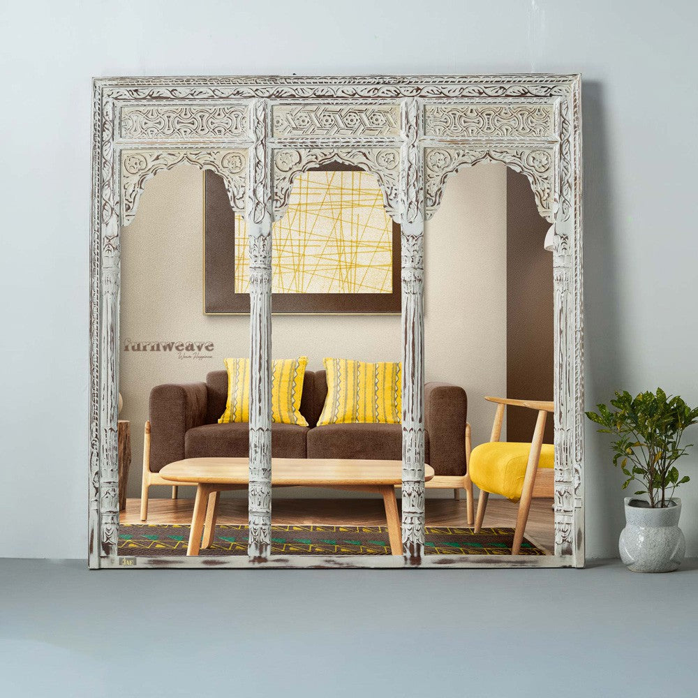 Haver Wooden Carved Mirror Frame Jharokha (White Distress)