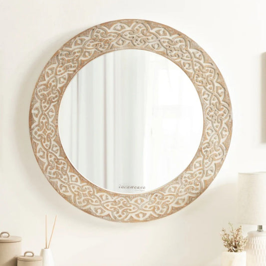 Falko Wooden Round Mirror for Wall (White Brown Distress)