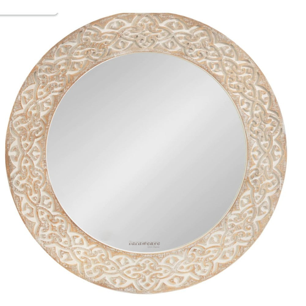 Falko Wooden Round Mirror for Wall (White Brown Distress)